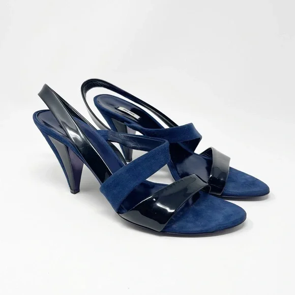 Miu Miu Navy Black Suede Patent Leather Slingback Sandals Heels 39.5 - Picture 4 of 11